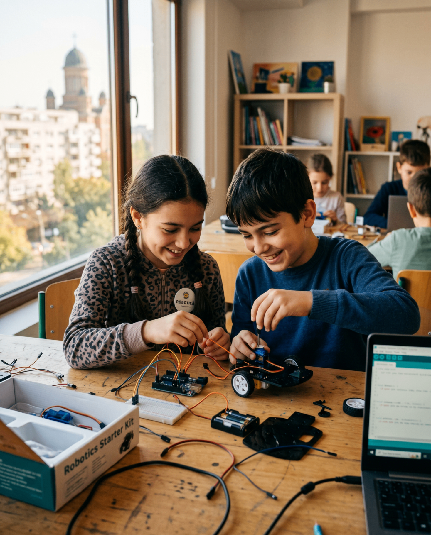 Doi copii zâmbesc în timp ce construiesc un robot Arduino într-o sală de clasă luminoasă