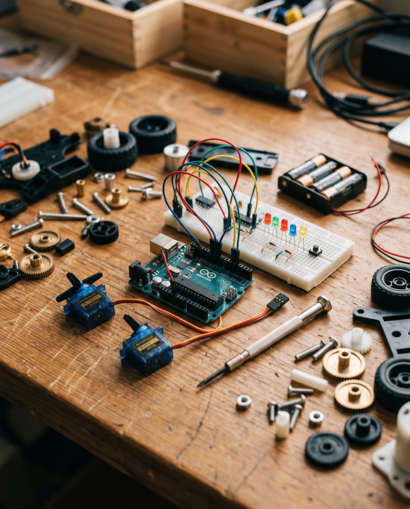Componente Arduino, fire colorate, motoare, roți și unelte aranjate pe o masă de lemn