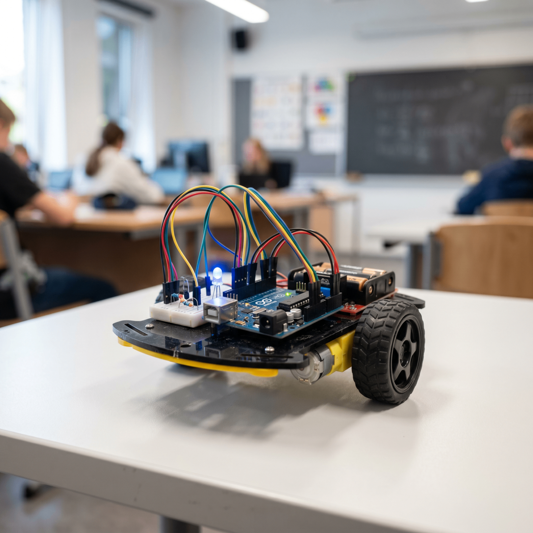 Mașină robot Arduino cu fire colorate pe o masă albă în sala de clasă